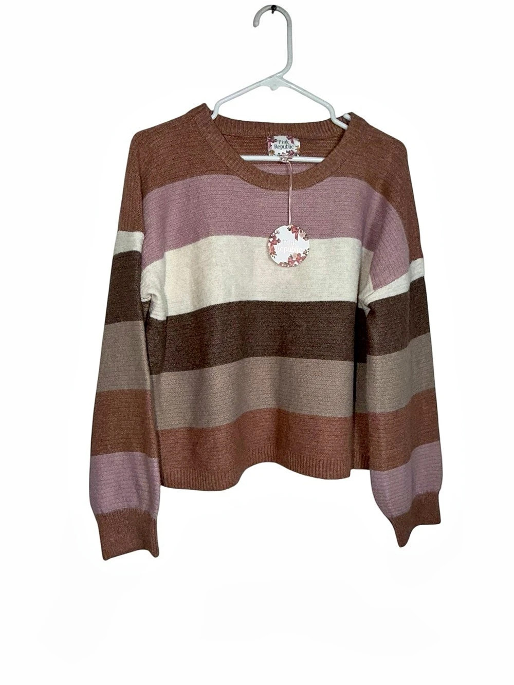 Pink Republic Striped Knit Sweater Brown Mauve Cream XL Colorblock